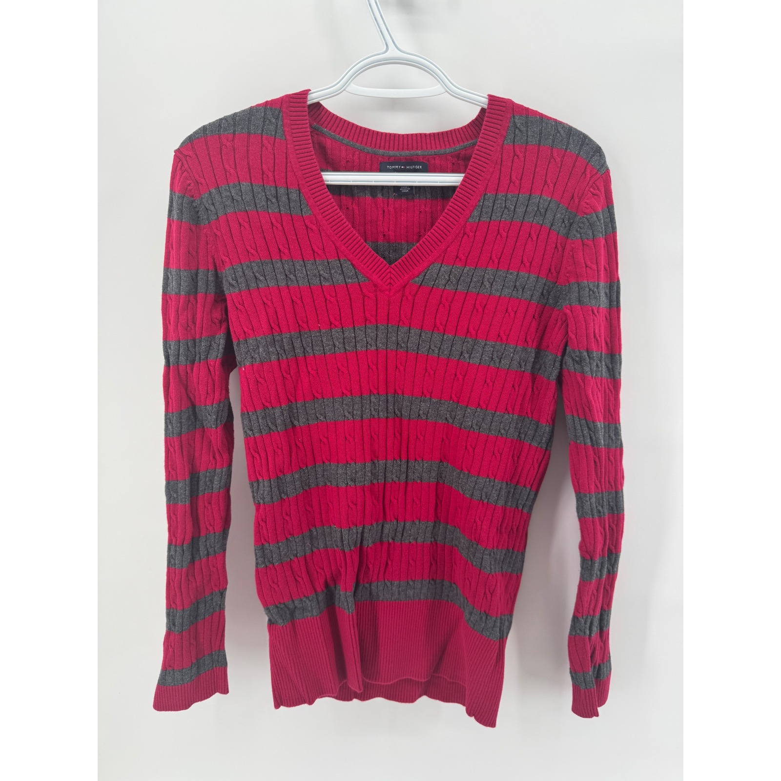 Tommy Hilfiger Women Red Gray Striped Cable Knit V Neck Sweater L G